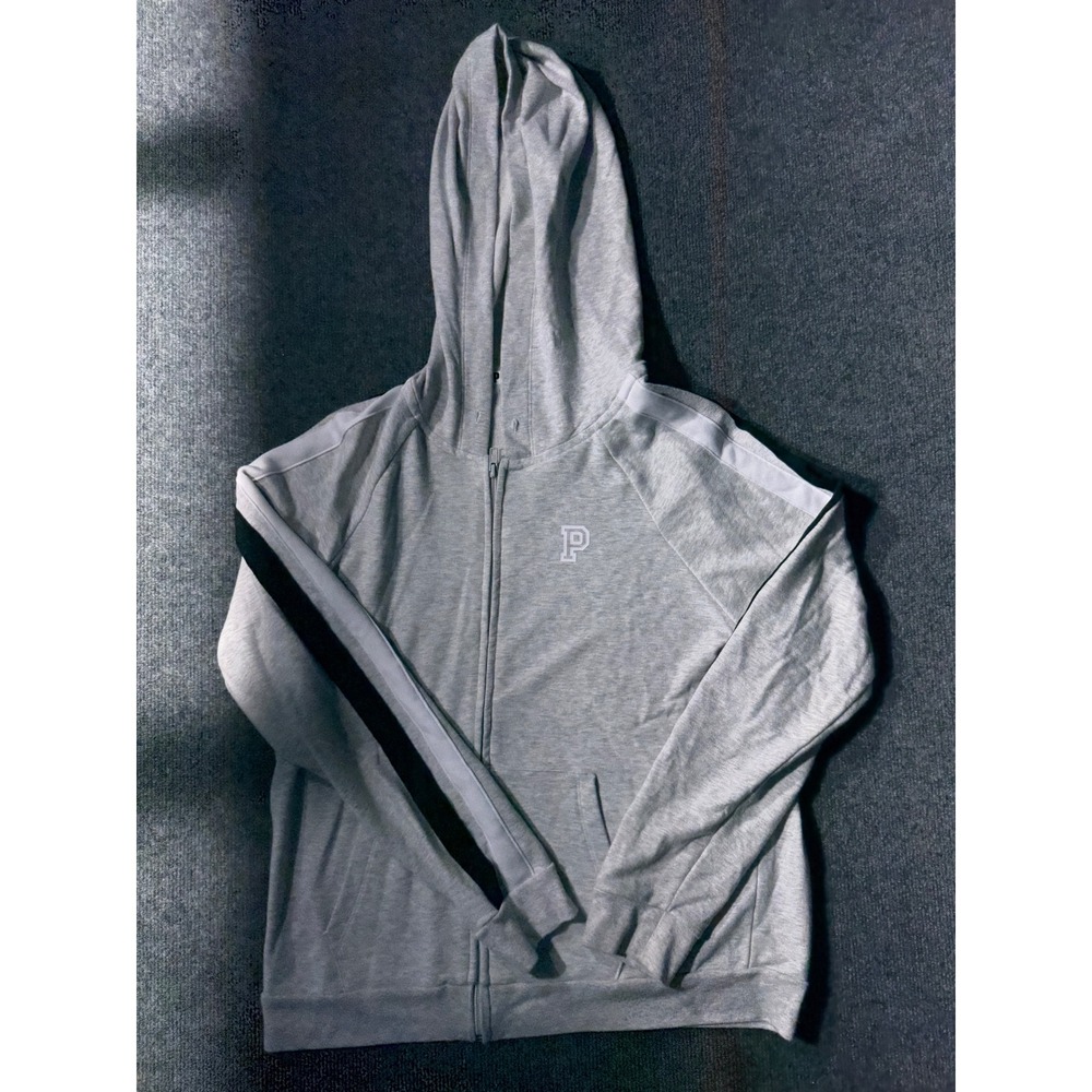 PINK Victoria's Secret Zip Up Hoodie Womens Large‎ Gray Excellent Striped Sleeve